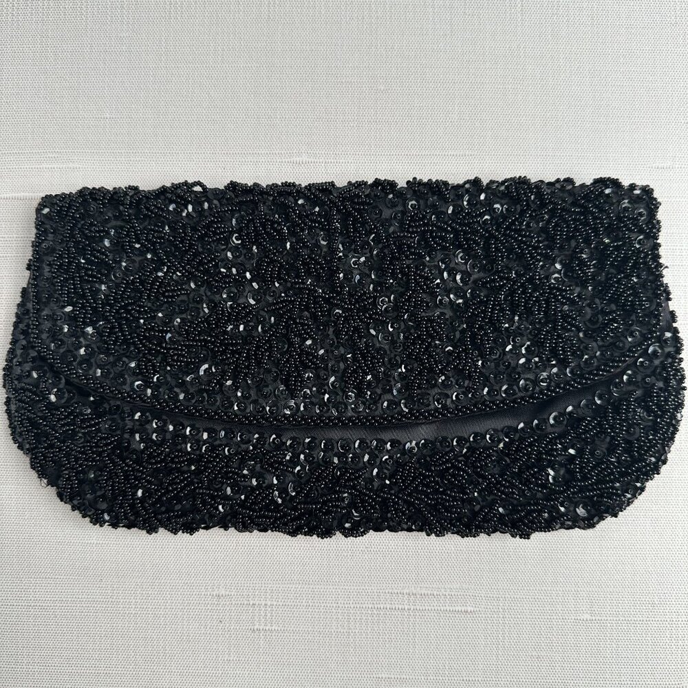 1950s Black Beaded Evening Clutch Fold Over Pocket Clutch Repair or Repurpose